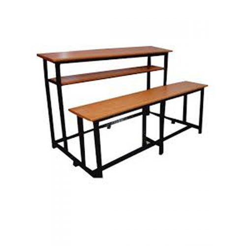 Dual seater desk with wooden top and metal frame . without back rest.